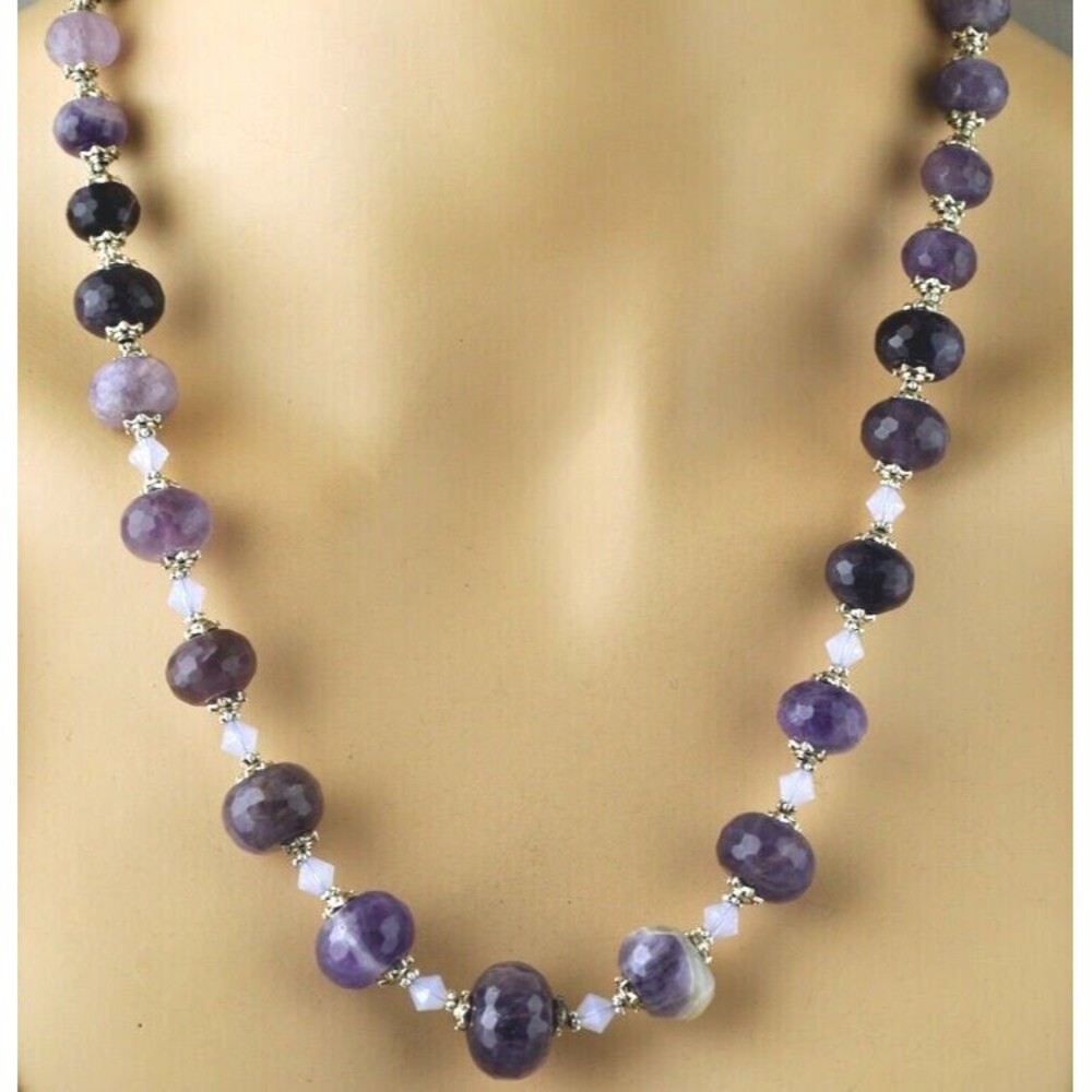 Natural Amethyst and Swarovski Crystal Necklace & Earrings Faceted Graduating
